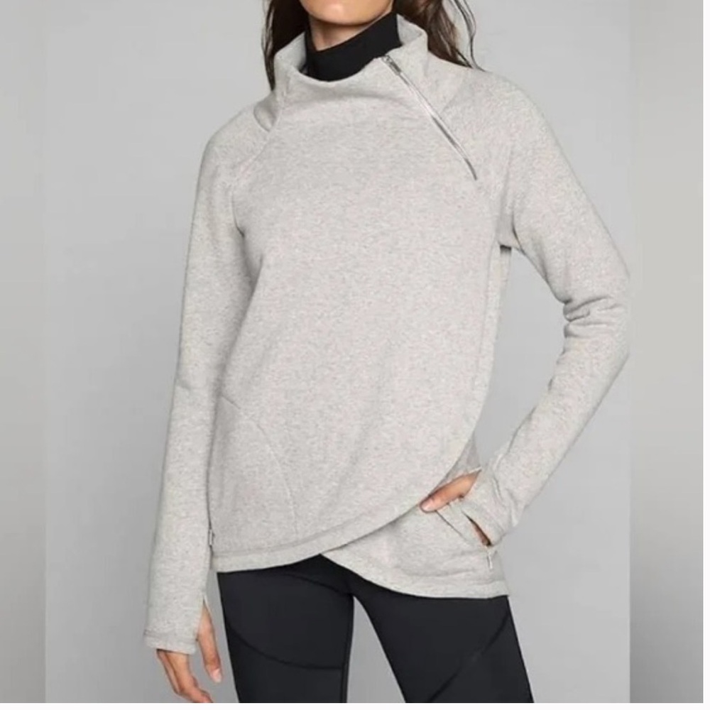 Athleta Asymmetrical Cozy Karma Wrap Sweatshirt Pockets Mockneck Zip